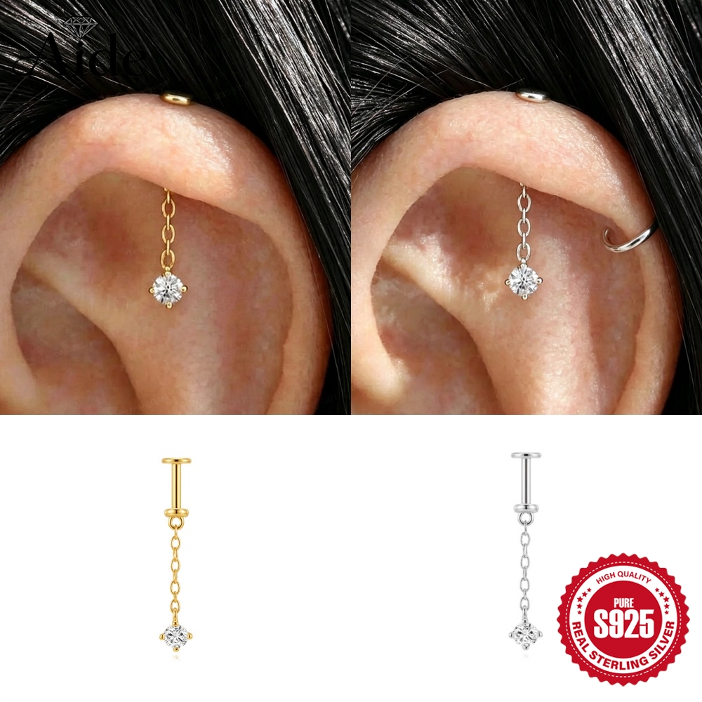 Body Jewelry Flat Back - AIDE 925スターリングシルバー製縦型スパイラルチェーンペンダント、女性用軟骨ヘリックスピアス、耳骨ネイル、ウェディング・誕生日ジュエリー