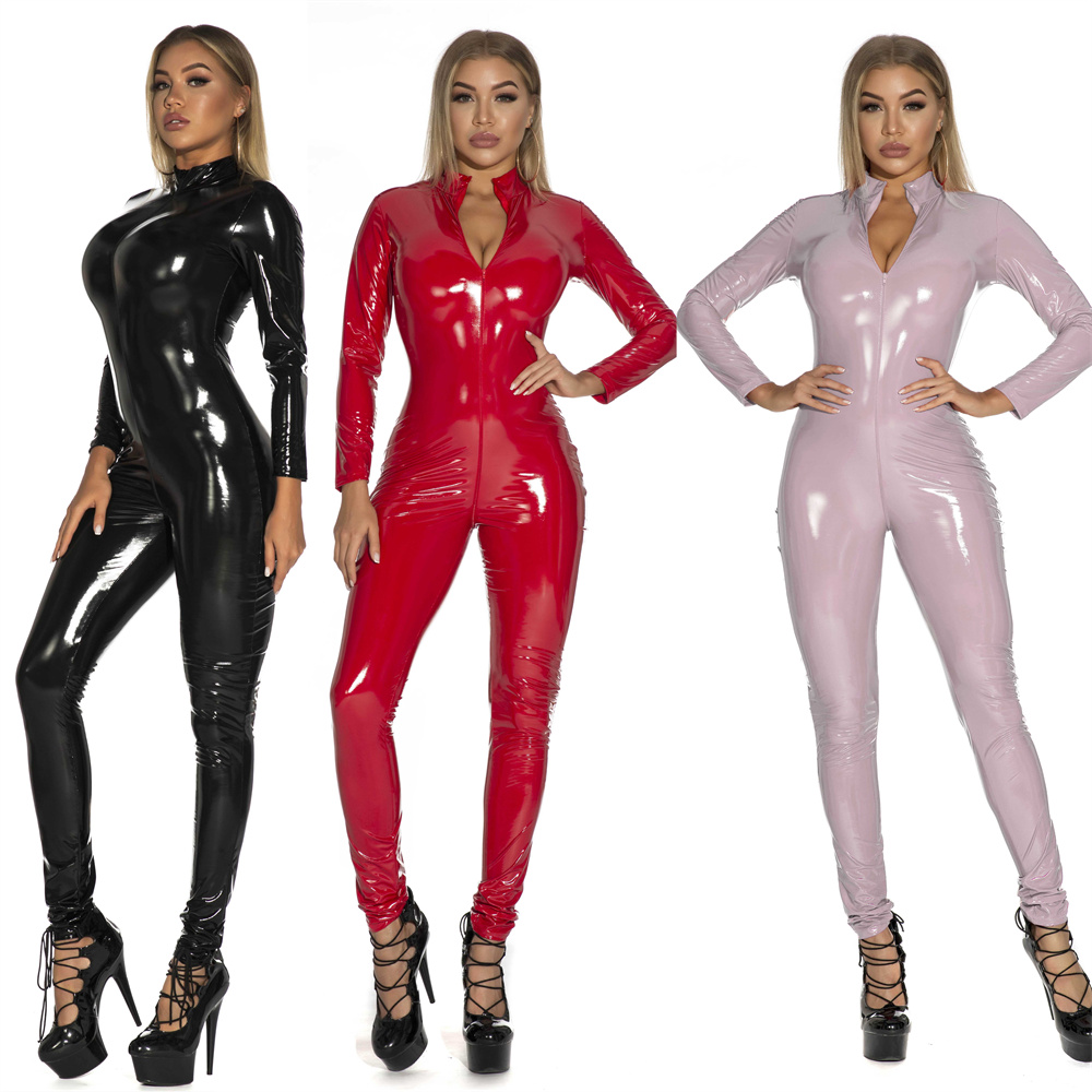 Body Jewelry Waterproof - 女性のセクシーな光沢のある PU フェイクレザージャンプスーツ長袖ジッパーオープン股キャットスーツナイトクラブ PVC ラテックスウェットルックボディスーツ S-5XL