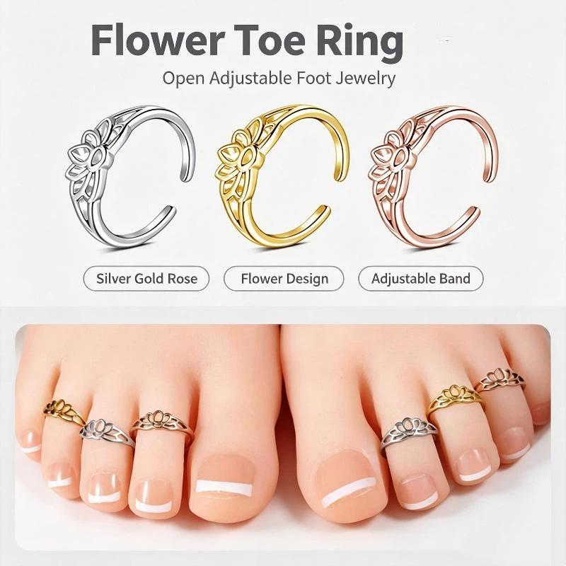 Body Jewelry Waterproof - 調整可能な弓型中空蓮の花デザインのトゥリング、防水ステンレススチール製、夏のビーチや普段使いに最適な女性用フットリング