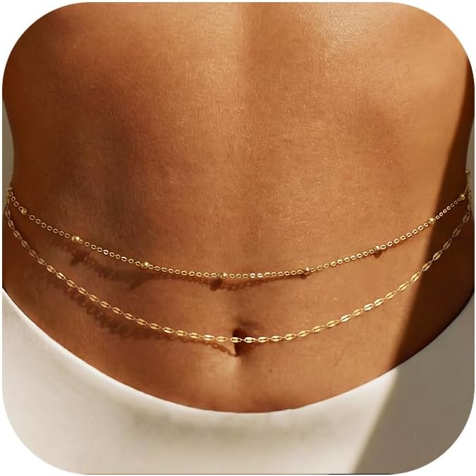 Body Jewelry Waterproof - 14K金メッキウエストチェーン、女性用レイヤードウエストビーズ、ベリーボディゴールドチェーンベルト、防水サマービーチジュエリー（ビキニ用）