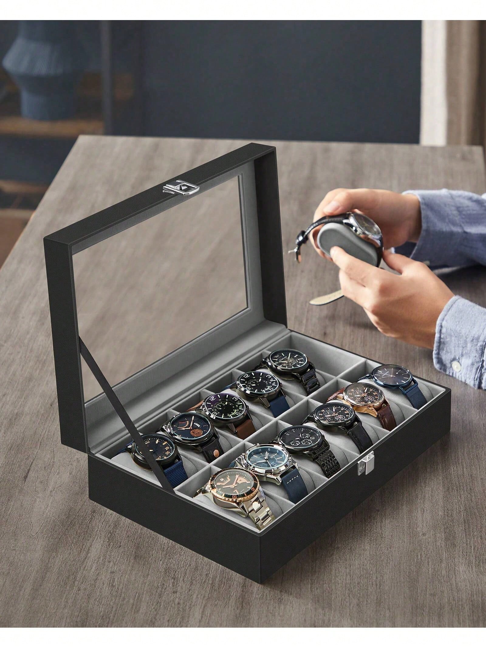 12スロットのロック可能な時計ボックス、ガラス蓋と引き出し付 - Body Jewelry Organizer のレビューと価格