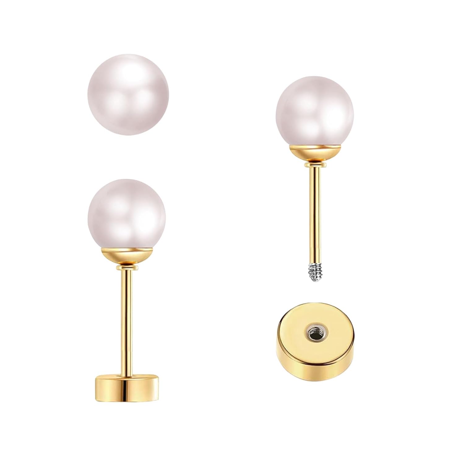 3 ペアの小さなパールスタッドピアス フラットスクリューバッ - Body Jewelry Flat Back のレビューと価格
