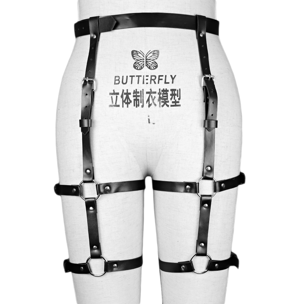 パンクレザー太ももハーネスベルトブラックレイブウエストベルト - Body Jewelry Thigh Chain のレビューと価格